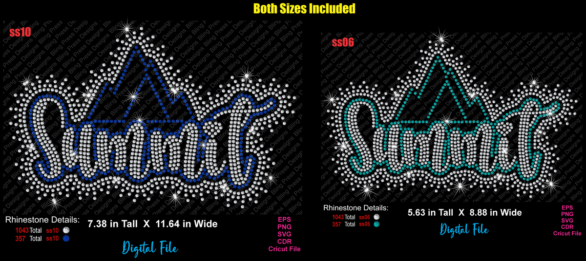 Summit rhinestone digital design shown in both SS10 and SS06 sizes, featuring sparkling silver rhinestones with blue or teal accents and a mountain peak motif. Includes size measurements, rhinestone counts, and EPS, PNG, SVG, CDR, and Cricut file formats.