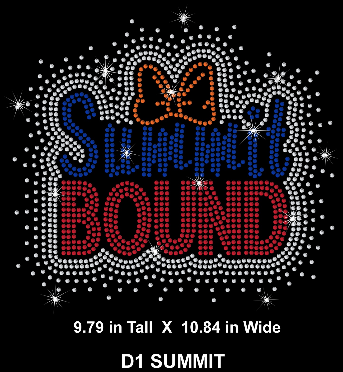 Decorative design with 'Summit Bound' text surrounded by rhinestones on a black background