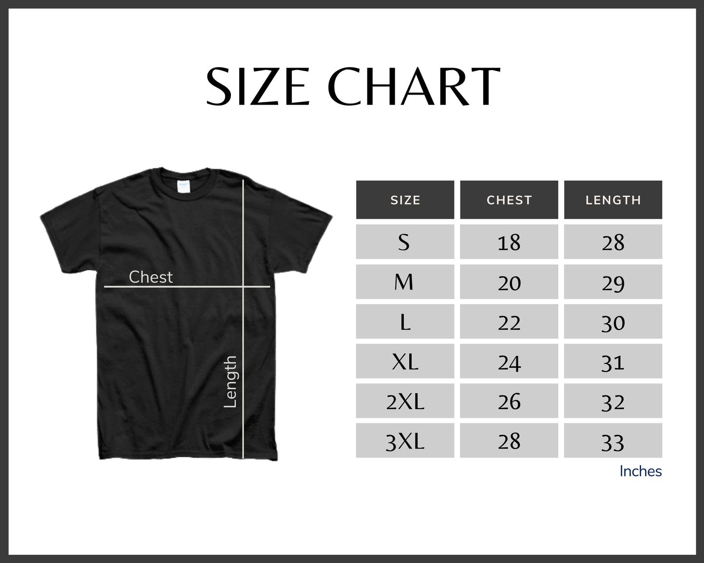 A table showing clothing size measurements for different body dimensions for each size from small to 3 extra large.