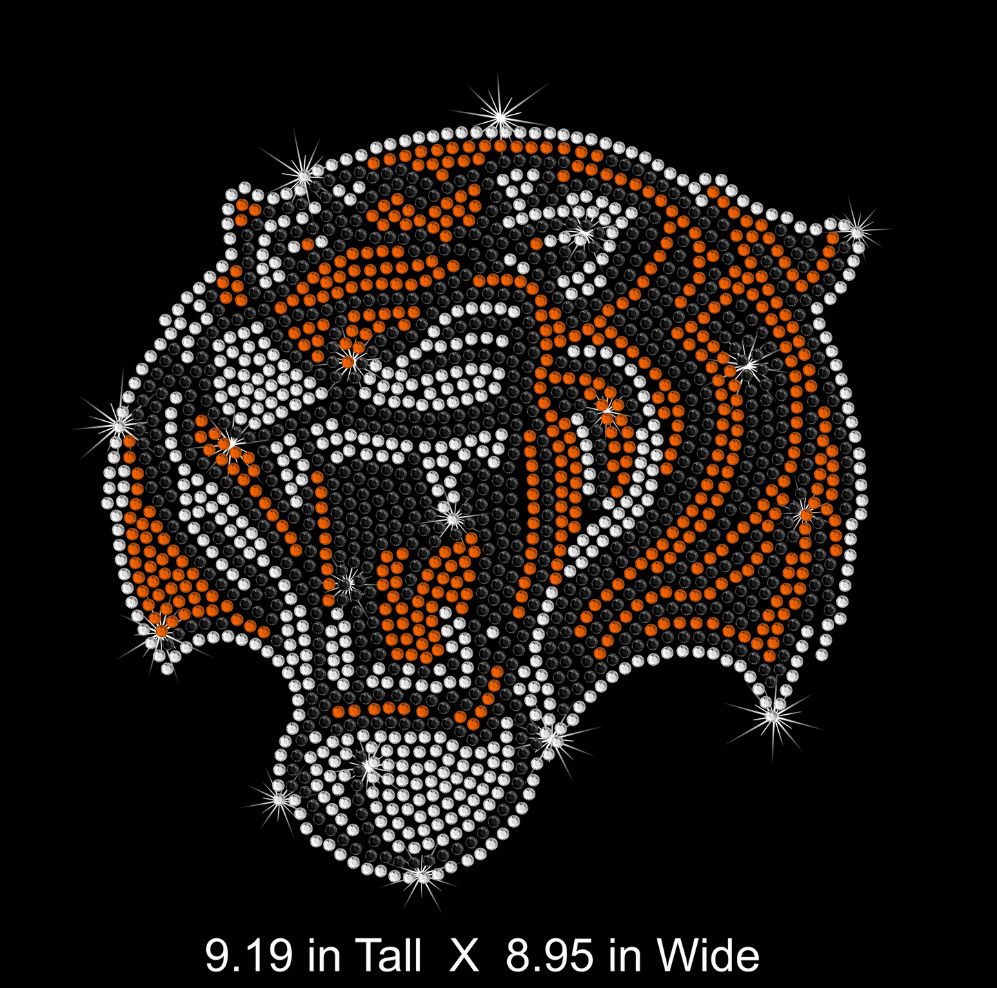 Tiger head design with rhinestones on a black background