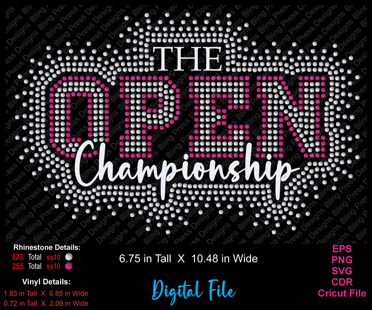 Digital rhinestone design preview for 'THE OPEN Championship' on a black background, with white and pink rhinestone lettering, file details, and format labels including EPS, PNG, SVG, ODR, and Cricut File.
