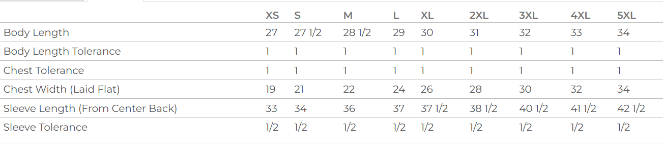 A table showing clothing size measurements for different body dimensions for each size from extra small to 5 extra large.