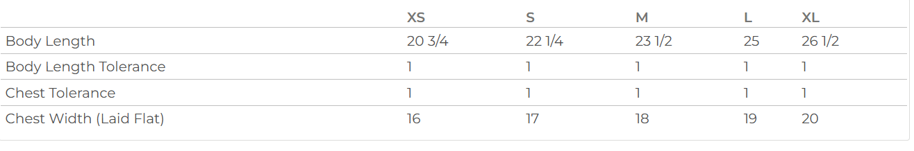 A table showing clothing size measurements for different body dimensions for each size from extra small to extra large.