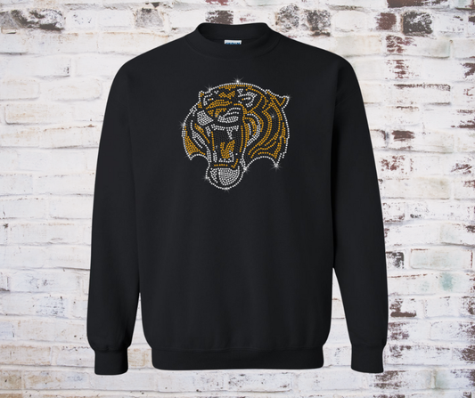 Black sweatshirt with a rhinestone tiger  on a wooden background