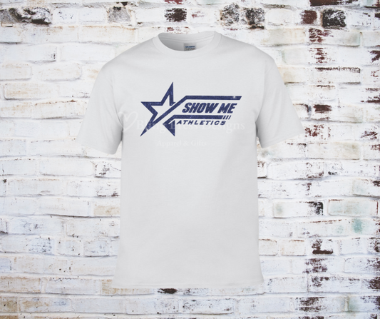 White tee with a royal blue glitter "Show Me Athletics" logo.