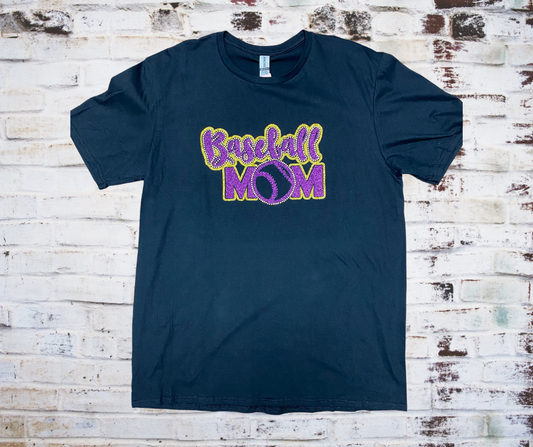 Baseball Mom tee with rhinestone accents and glitter vinyl design.