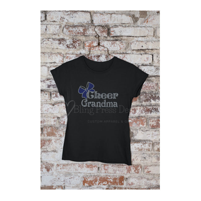 'Cheer Grandma' rhinestone design on a soft tee, featuring sparkling rhinestones that highlight the text."