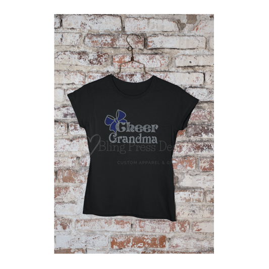 'Cheer Grandma' rhinestone design on a soft tee, featuring sparkling rhinestones that highlight the text."