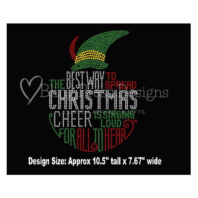 Close up of sparkling rhinestone design of a cheerful Christmas elf, accented with holiday-themed details. The bling embellishments catch the light, adding a glamorous touch to the holiday spirit.