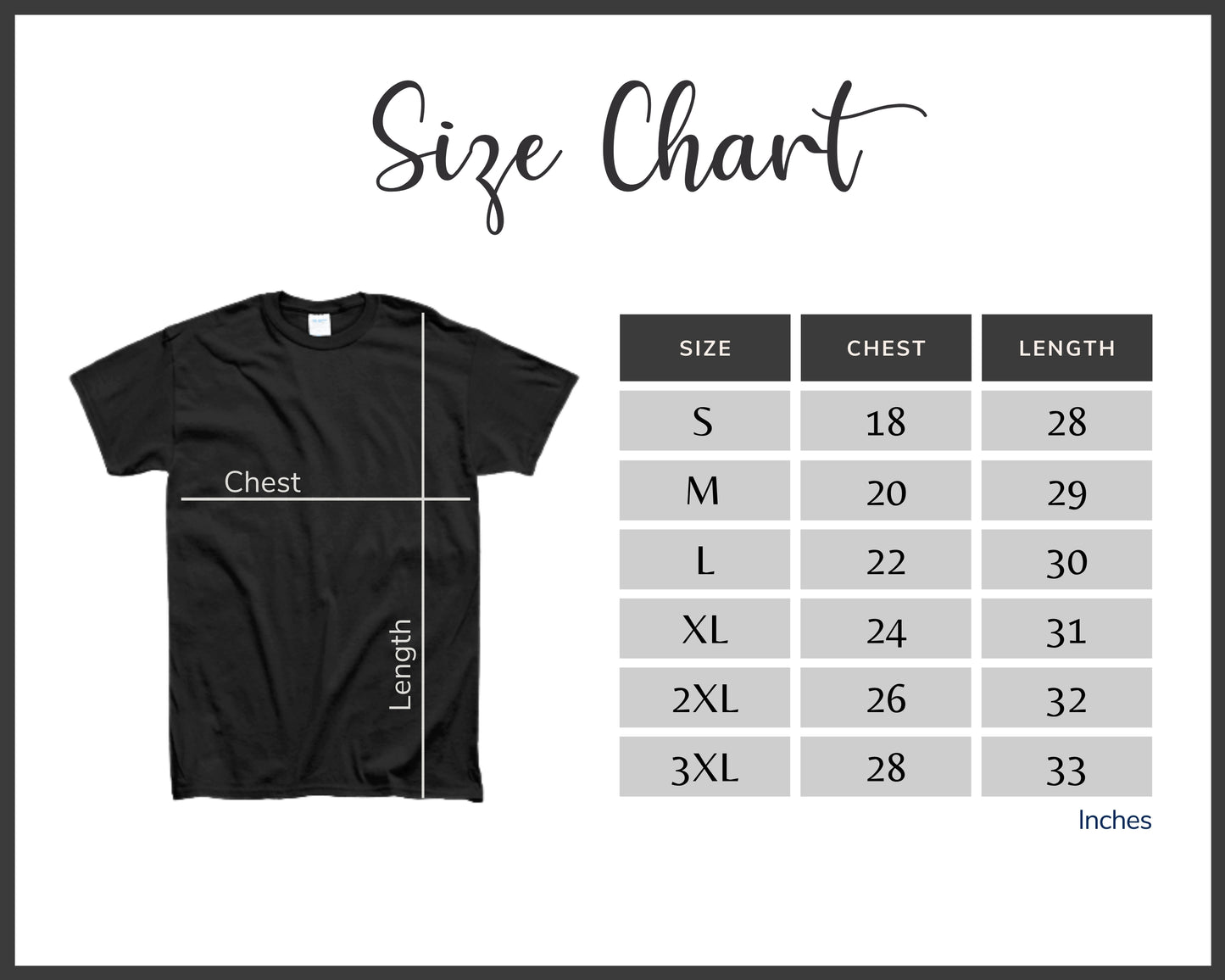 A table showing clothing size measurements for different body dimensions for each size from small to  3 extra large.