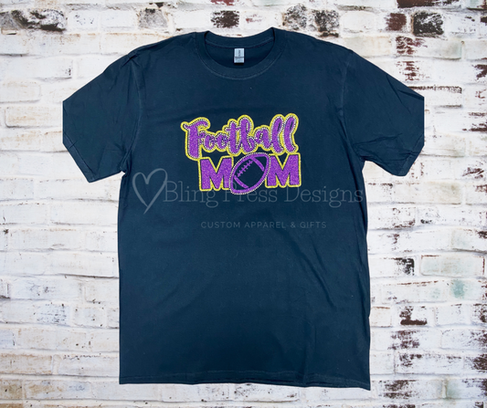 Football Mom tee with rhinestone accents and glitter vinyl design.