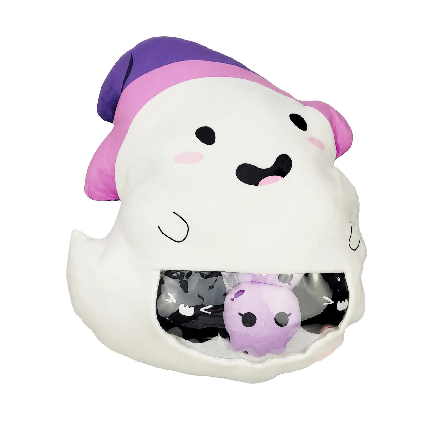 A soft, squishy ghost mini plushie pillow with a cute and playful design, perfect for cuddling or Halloween decor
