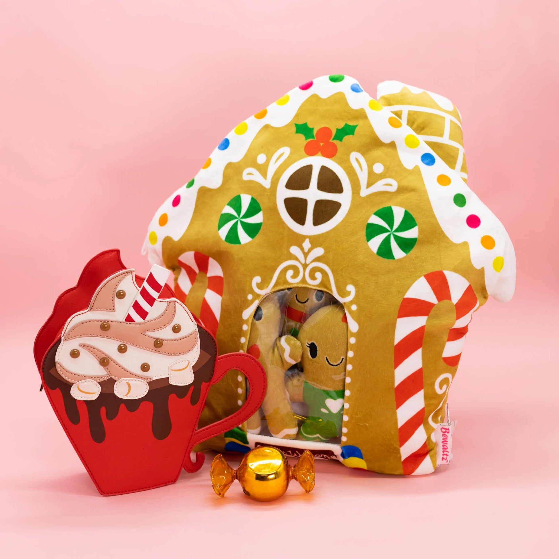 Gingerbread House plush pillow with mini plushies inside.