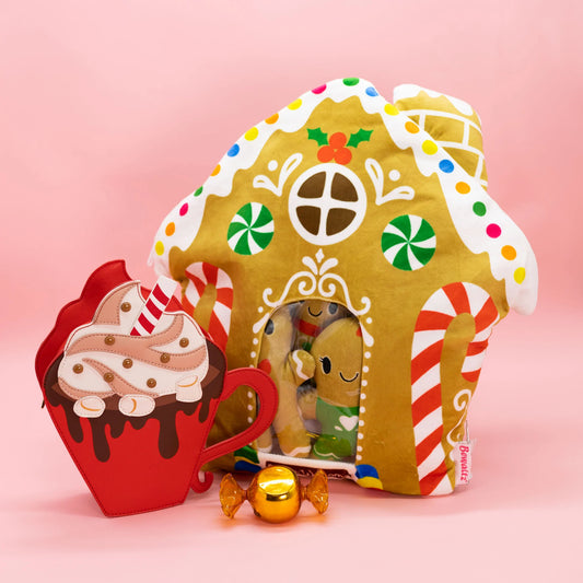 Gingerbread House plush pillow with mini plushies inside.