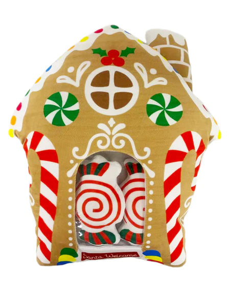 Gingerbread House plush pillow with mini plushies inside.