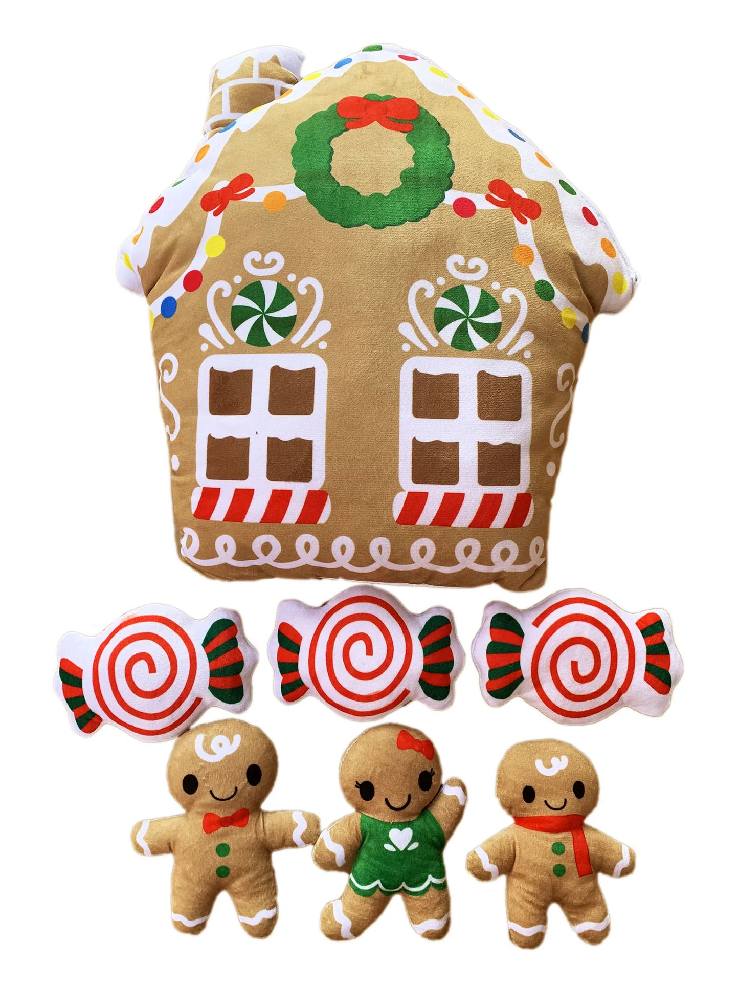 Gingerbread House plush pillow featuring gingerbread people and peppermint mini plushies