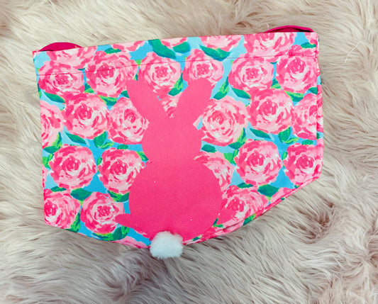 Pink Roses personalized canvas Easter basket with glitter vinyl lettering, featuring a bunny silhouette with cotton tail, sturdy handle and a spacious design, perfect for Easter egg hunts and gifts.