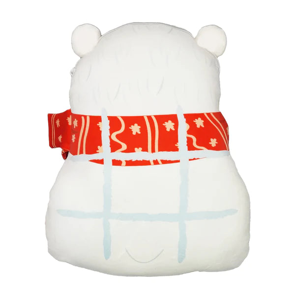 A set of a Polar Bear Pillow and matching mini plushies, featuring tic tac toe game on the back. The pillow is shaped like a polar bear, and the mini plushies are small, cute versions of penguins and seals, perfect for snuggling or decorating.