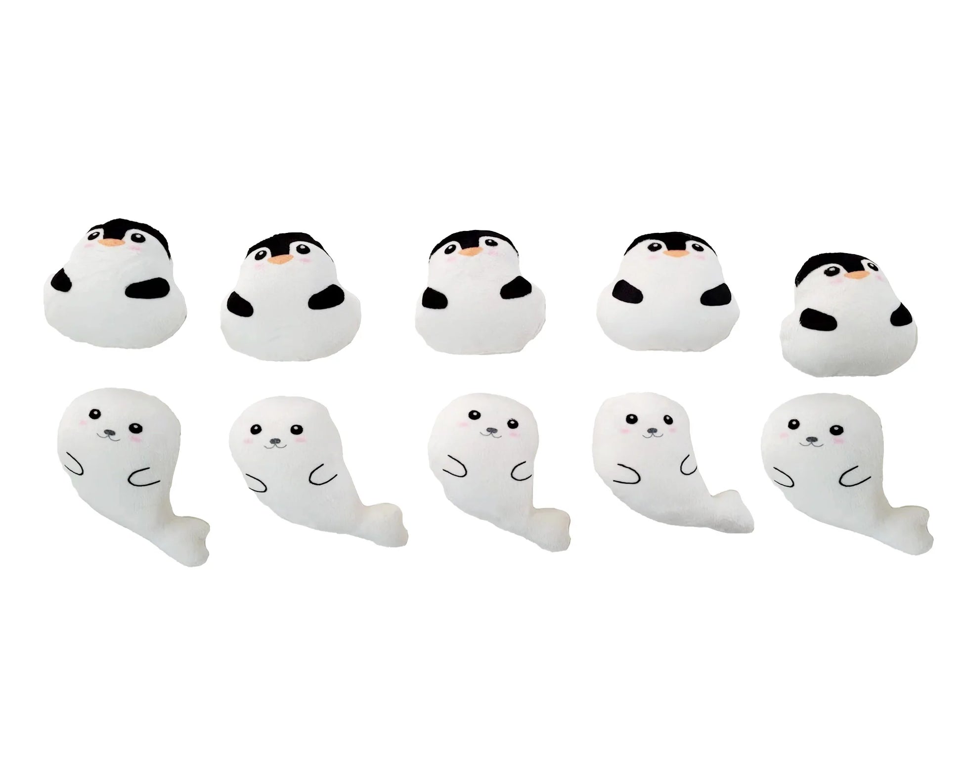 the  mini plushies, featuring soft, cuddly designs with adorable details.  The mini plushies are small, cute versions of penguins and seals, perfect for snuggles.