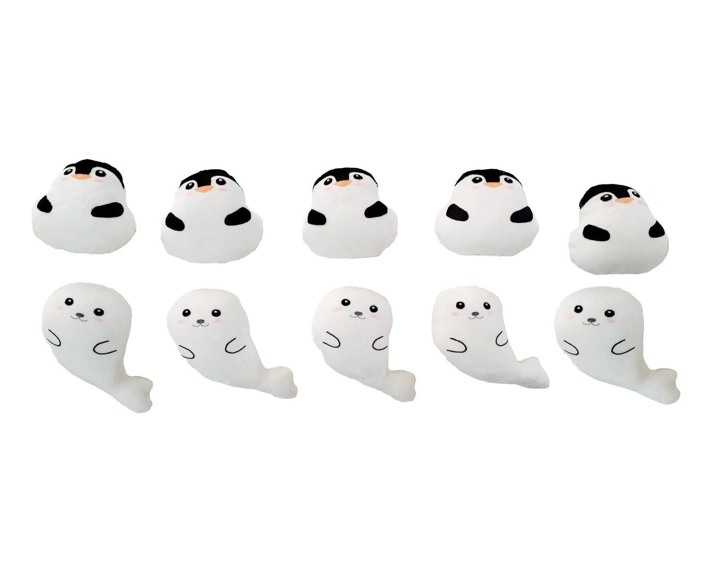 the mini plushies, featuring soft, cuddly designs with adorable details. The mini plushies are small, cute versions of penguins and seals, perfect for snuggles.