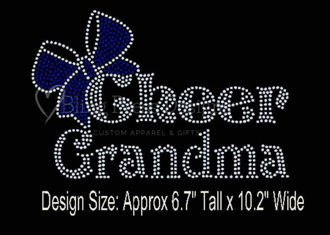 "Close-up of a 'Cheer Grandma' rhinestone design on a soft tee, featuring sparkling rhinestones that highlight the text."