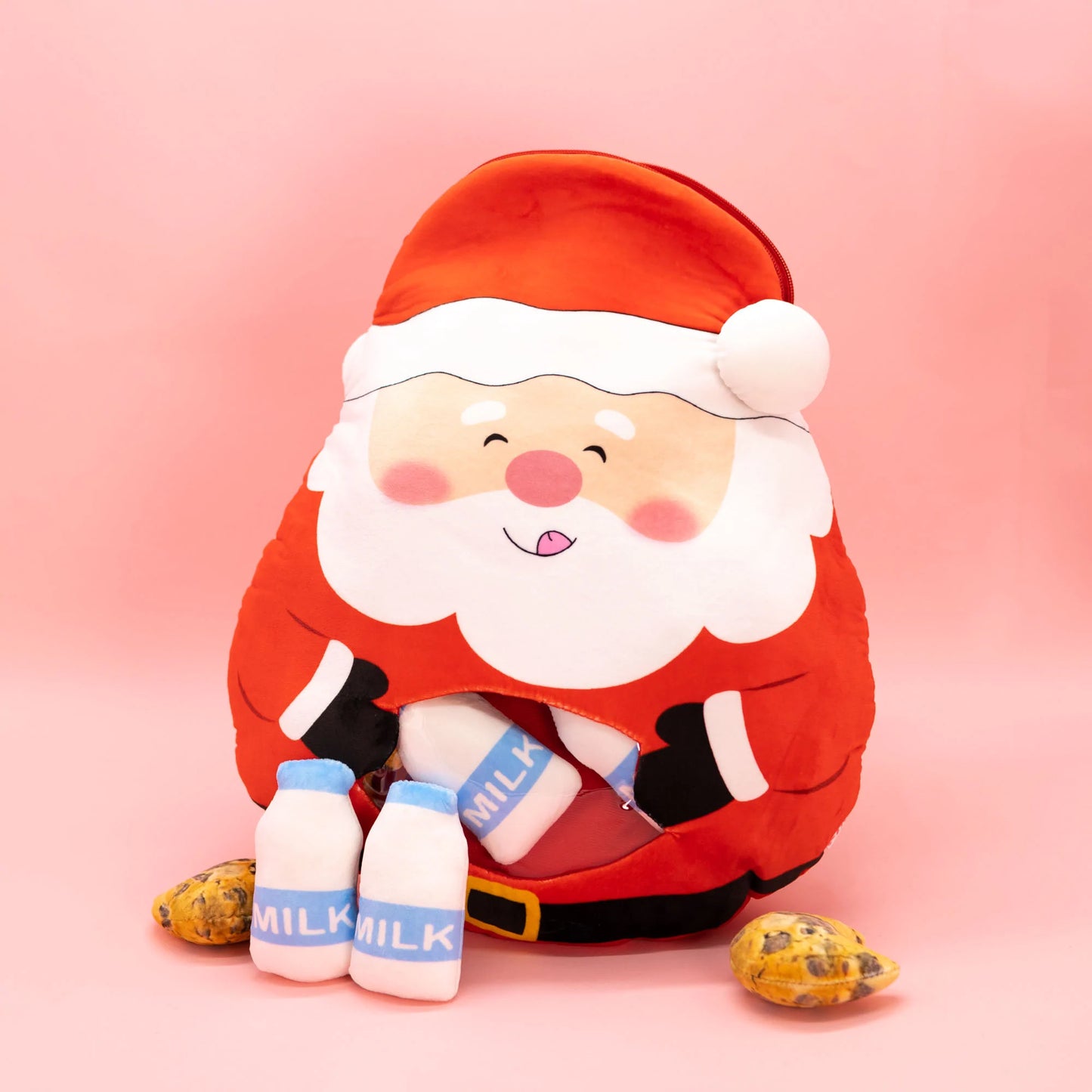 A Santa Mini Plushie , featuring a soft, adorable Santa plushie and mini plushies shaped like milk and cookies. Perfect for cuddling or adding festive charm to your holiday decor.
