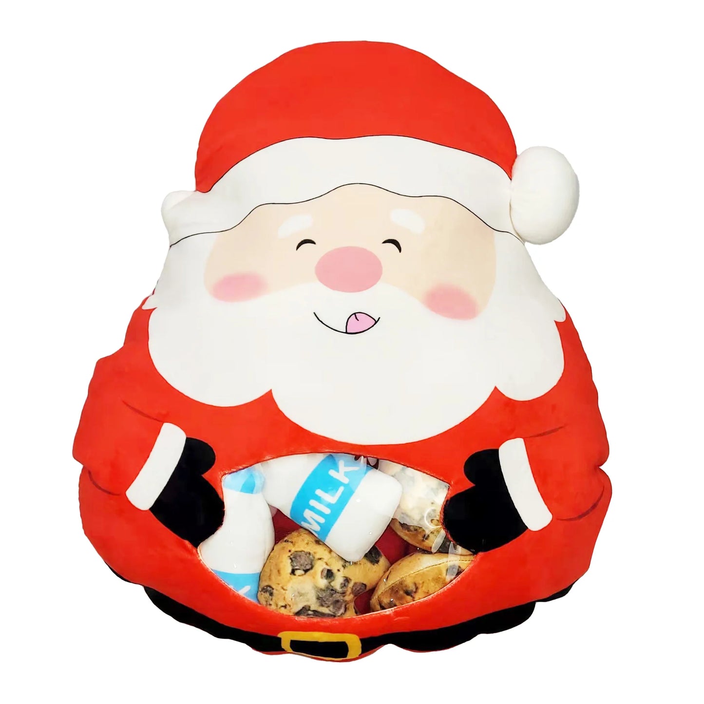 A Santa Mini Plushie , featuring a soft, adorable Santa plushie and mini plushies shaped like milk and cookies. Perfect for cuddling or adding festive charm to your holiday decor.