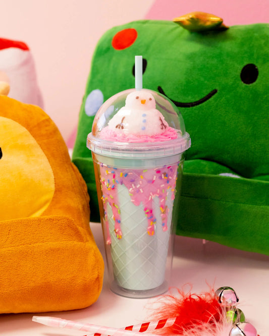 A festive drink tumbler featuring a cute snowman design with colorful sprinkles, equipped with a secure lid and straw, perfect for enjoying cold beverages during the holiday season.