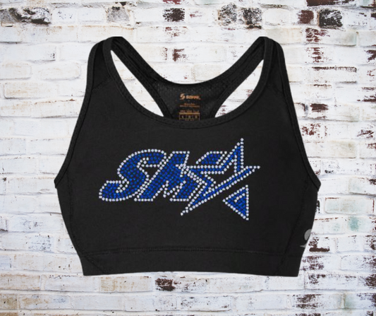 A **Spangled SMA Logo Sports Bra**, featuring a bold **SMA** logo adorned with sparkling spangles. Made from breathable, moisture-wicking fabric for support and comfort during workouts or casual wear, with a touch of sparkle for extra style.