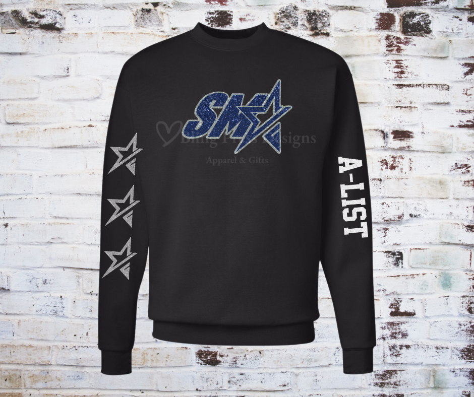 A **Glitter SMA Logo A-List Team Sweatshirt**, featuring a bold **SMA** logo in glitter vinyl on soft, comfortable fabric. A cozy and stylish way to showcase school spirit with a sparkling touch.