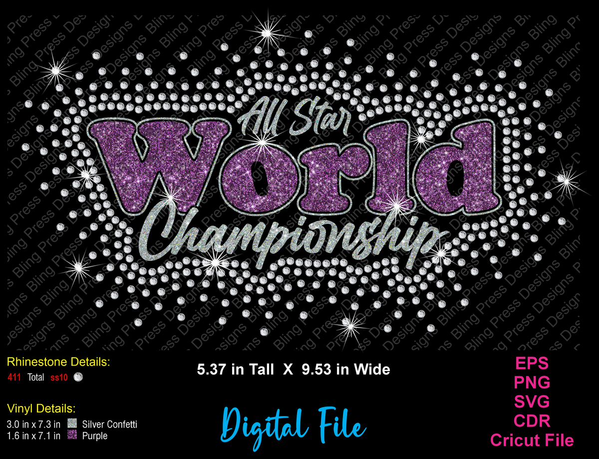 Digital preview of a rhinestone and glitter graphic reading 'All Star World Championship' on a black background, with file format and size details listed around the edges. The main text is purple glitter with silver glitter outlines, surrounded by white rhinestone circles.