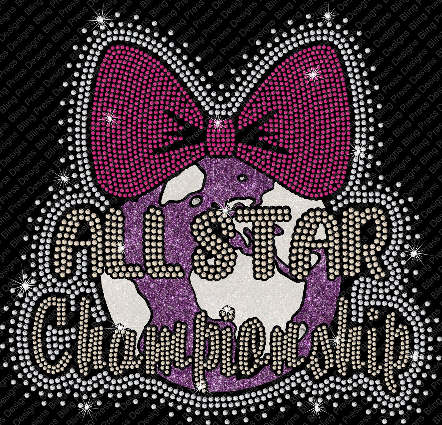  A rhinestone “All Star World Championship” design with a pink cheer bow and sparkling accents on the front.