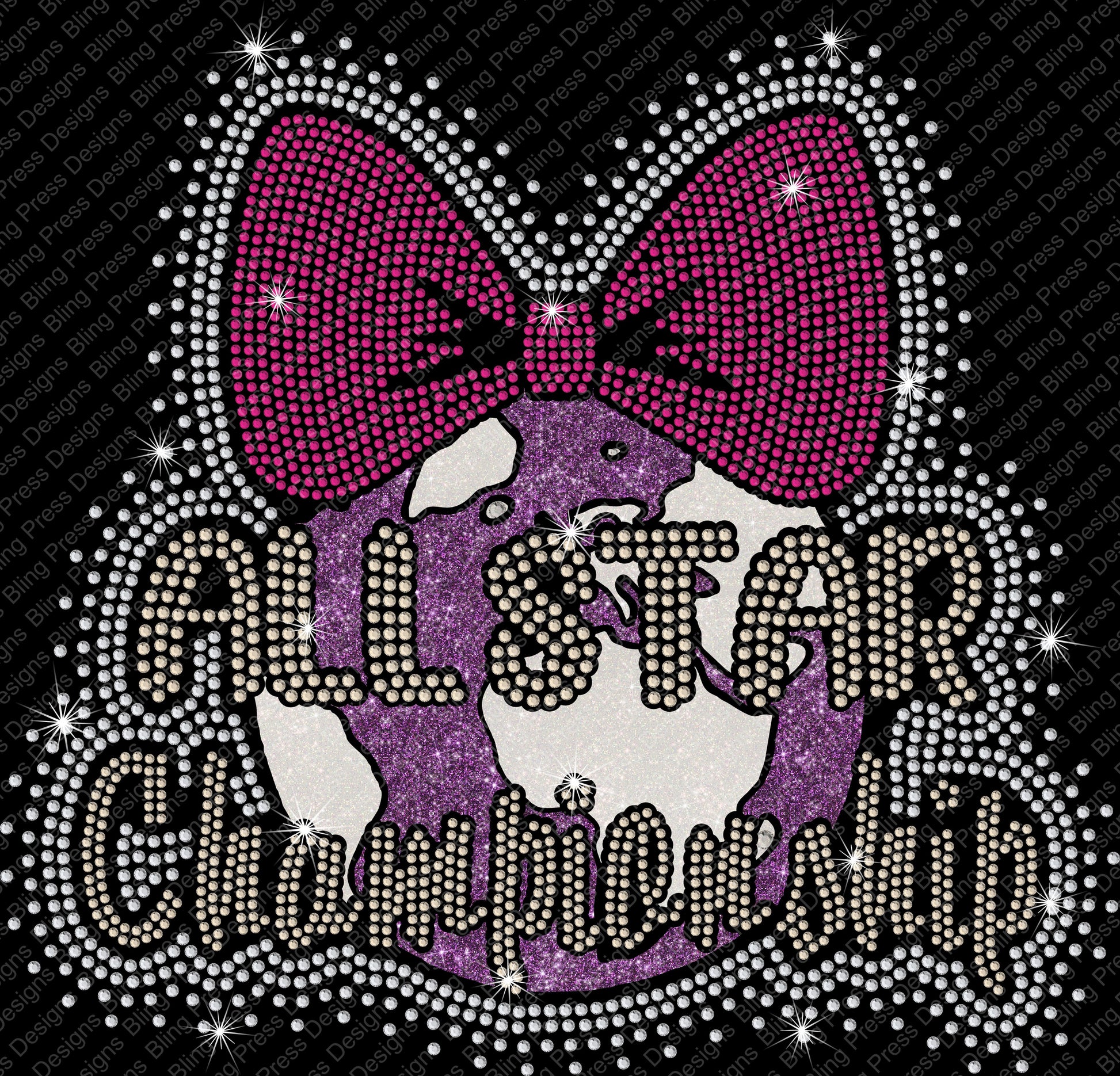  A rhinestone “All Star World Championship” design with a pink cheer bow and sparkling accents on the front.