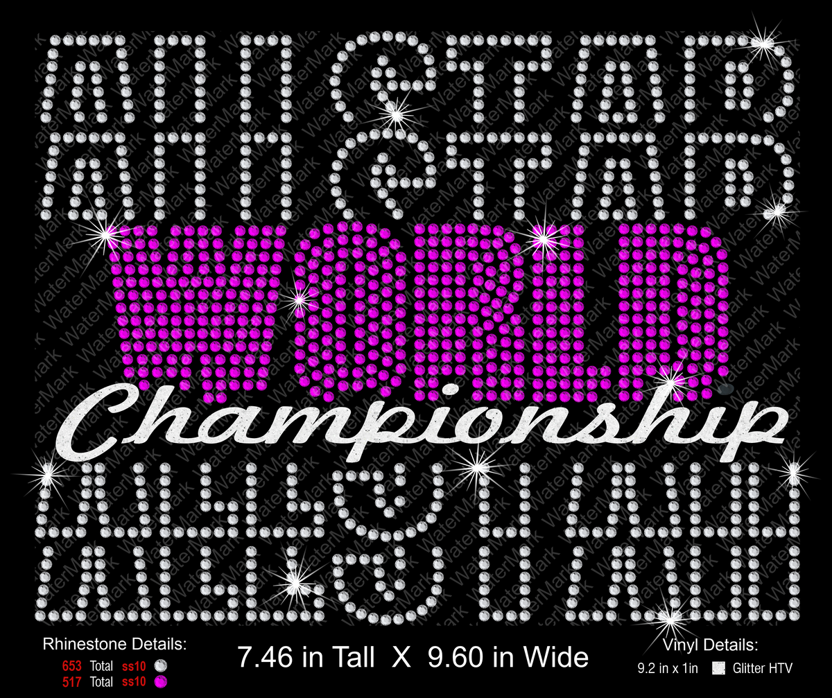 A rhinestone-style text design on a black background reading 'All Star World Championship' in white and bright pink/magenta lettering, with rhinestone details and vinyl dimensions listed below.