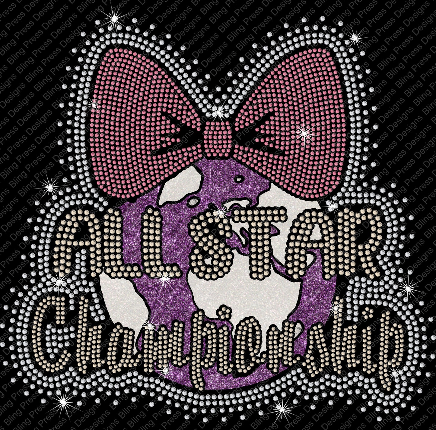  A rhinestone “All Star World Championship” design with a pink cheer bow and sparkling accents on the front.