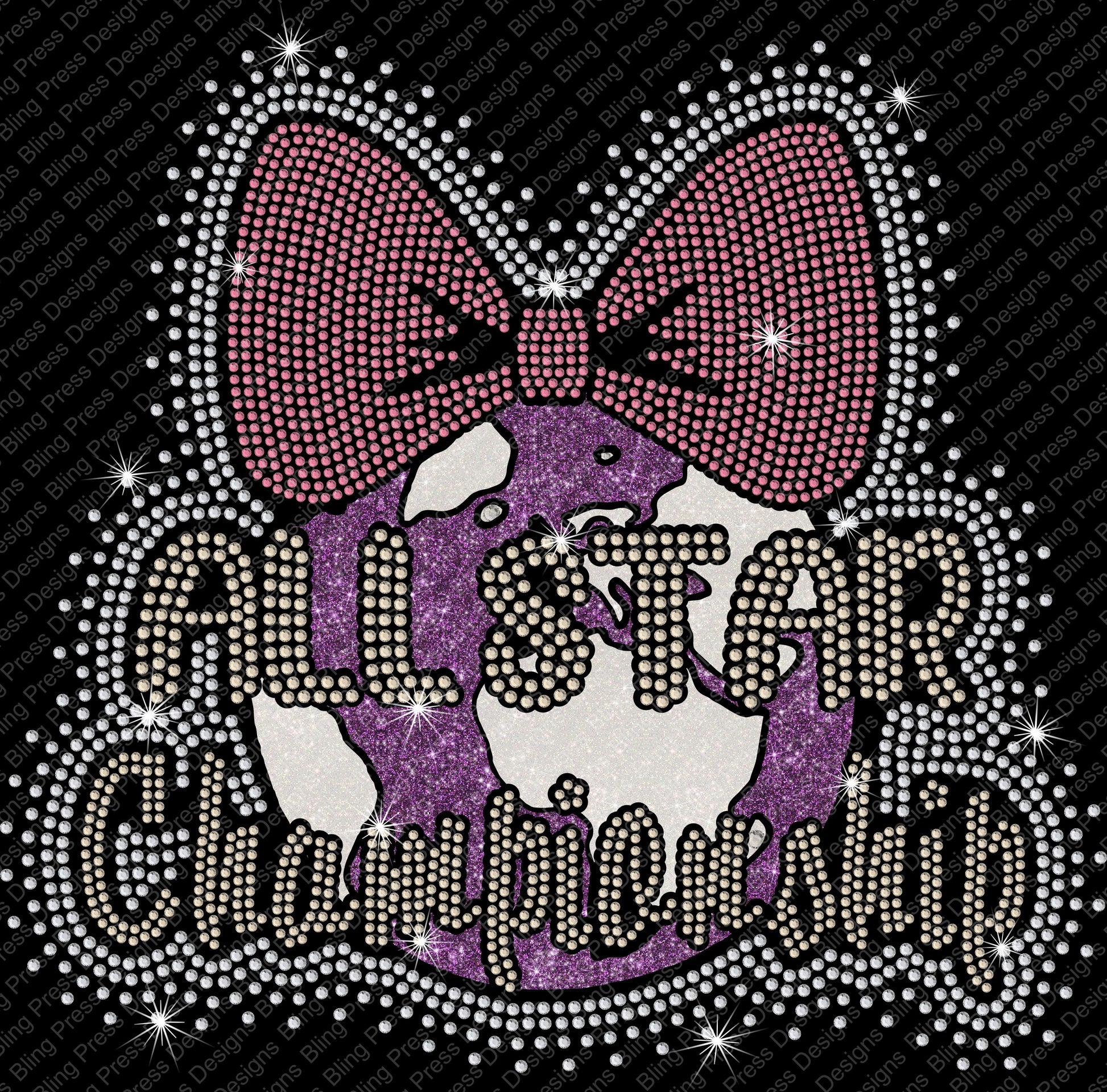 A rhinestone “All Star World Championship” design with a pink cheer bow and sparkling accents on the front.
