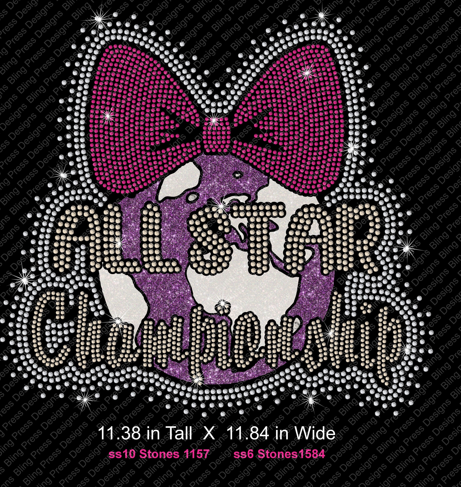  A rhinestone “All Star World Championship” design with a pink cheer bow and sparkling accents on the front.
