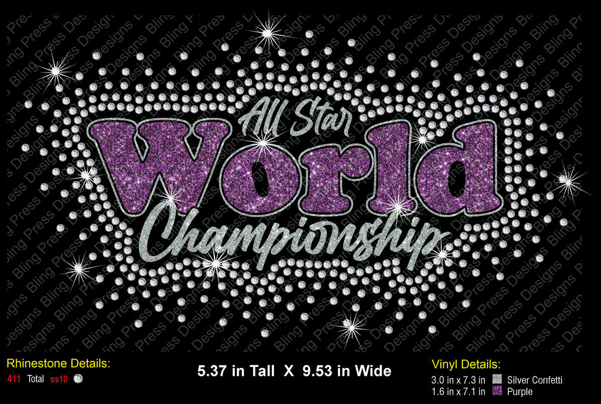A rhinestone-style decorative sign reading 'All Star World Championship' on a black background, with purple glitter lettering for 'World' and silver glitter lettering for 'All Star' and 'Championship.' The image includes rhinestone detail text and dimensions at the bottom.