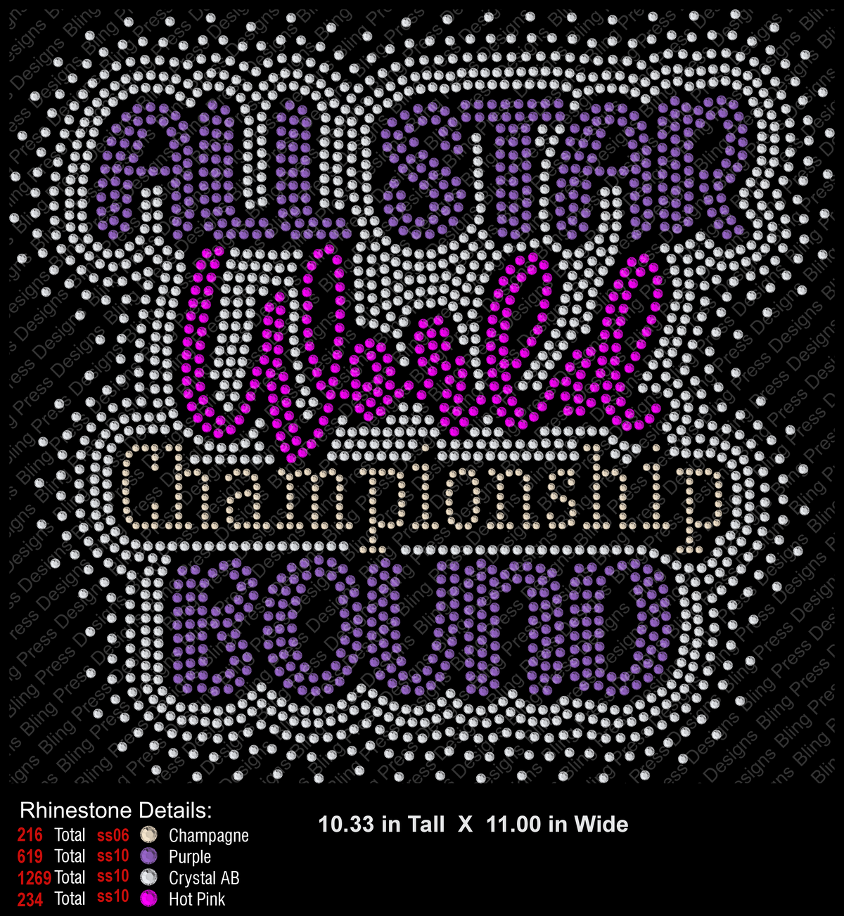 A rhinestone-style text design reading 'ALL STAR World Championship ROUND' on a black background, with a rhinestone details legend along the bottom left. The lettering uses purple, champagne, white, and hot pink rhinestones.