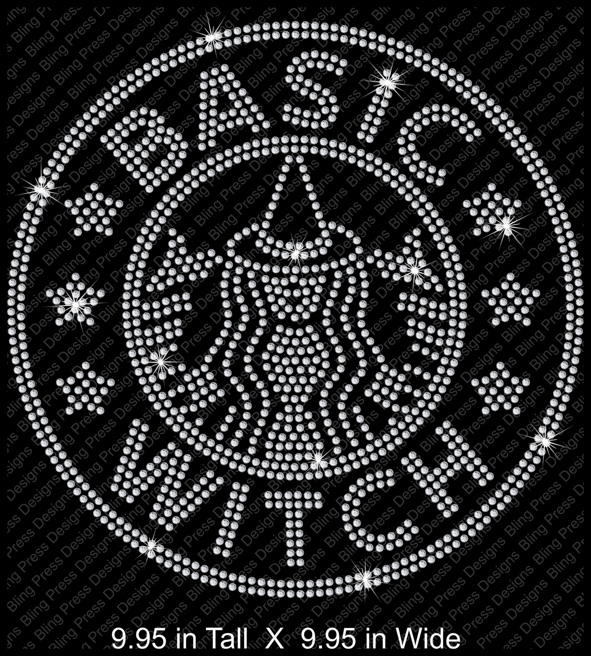 A circular rhinestone-style graphic with the words “BASIC WITCH” surrounding a witch illustration, shown on a black background with repeated watermark text and size text at the bottom reading 9.95 in Tall X 9.