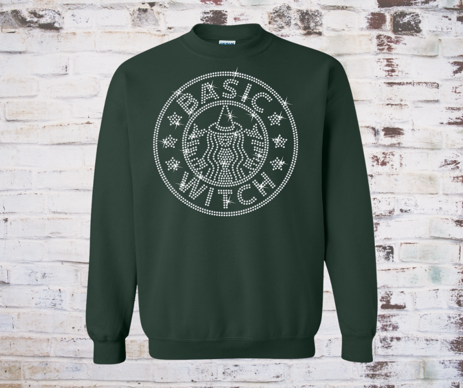 Green sweatshirt with 'BASIC WITCH' crystal rhinestone design