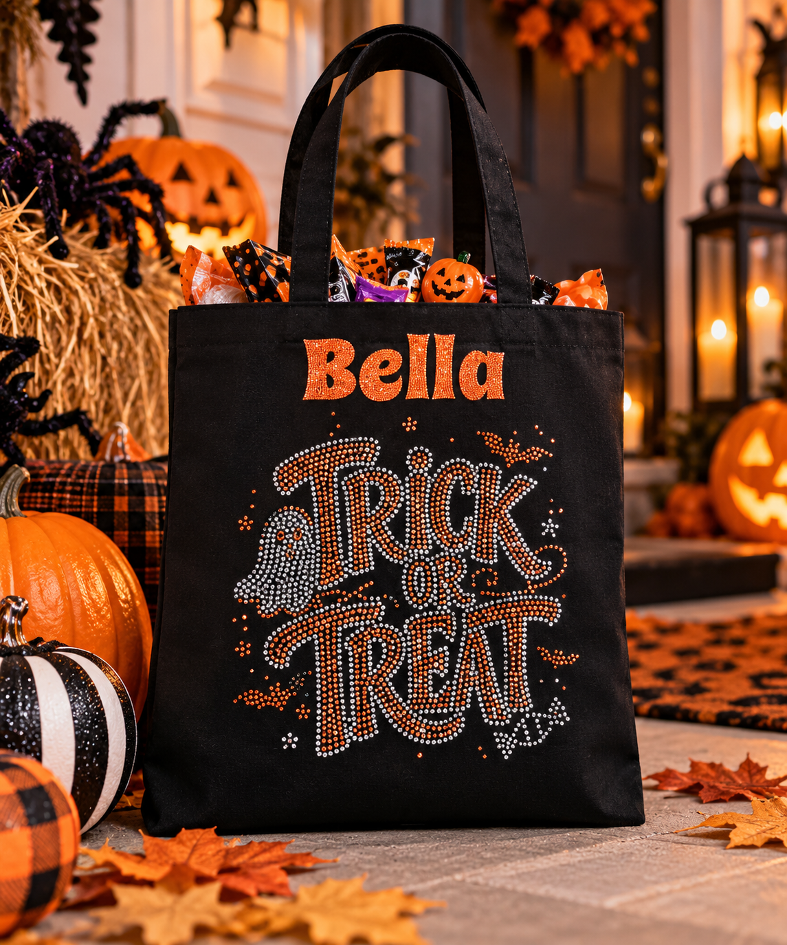 A black Halloween tote bag with 'Bella' and 'Trick or Treat' embellished with rhinestones, filled with candy, set on a decorated front porch.