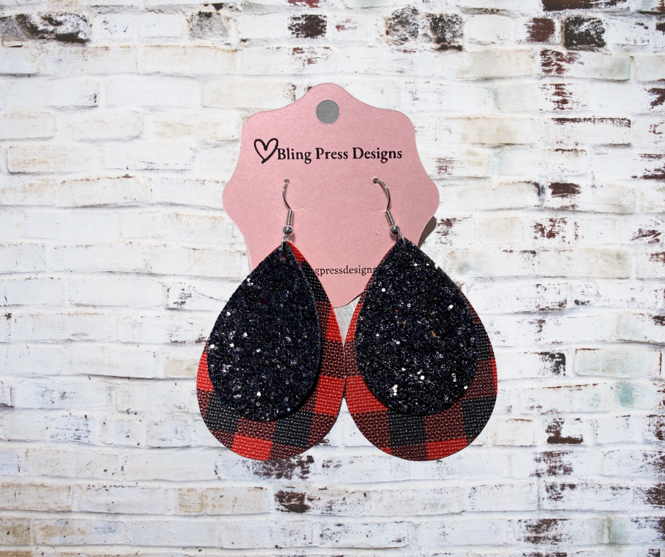 Black Glitter & Plaid Stacked Dangles