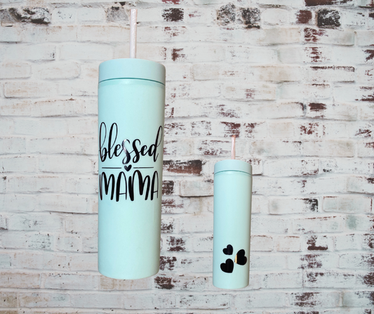 Front and back view of a A sleek skinny drink tumbler with a "Blessed Mama" design, featuring double-wall insulation to keep drinks cold or hot, and a portable, stylish design perfect for busy moms on the go.