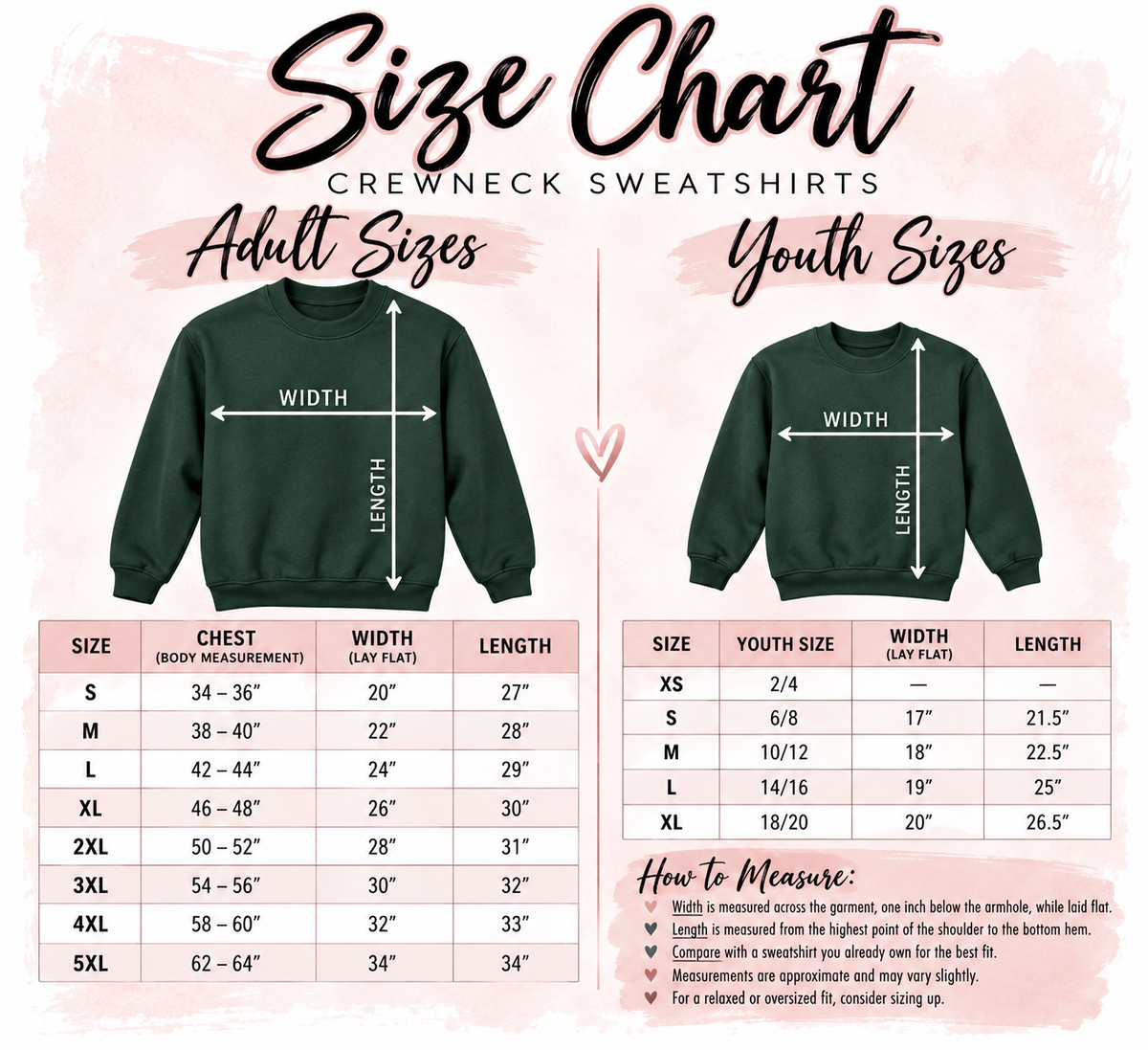 A size chart graphic for crewneck sweatshirts showing adult and youth sizes with measurement guides and tables. The left side displays a dark green sweatshirt with width and length measurement arrows, and the right side shows a matching youth size table.