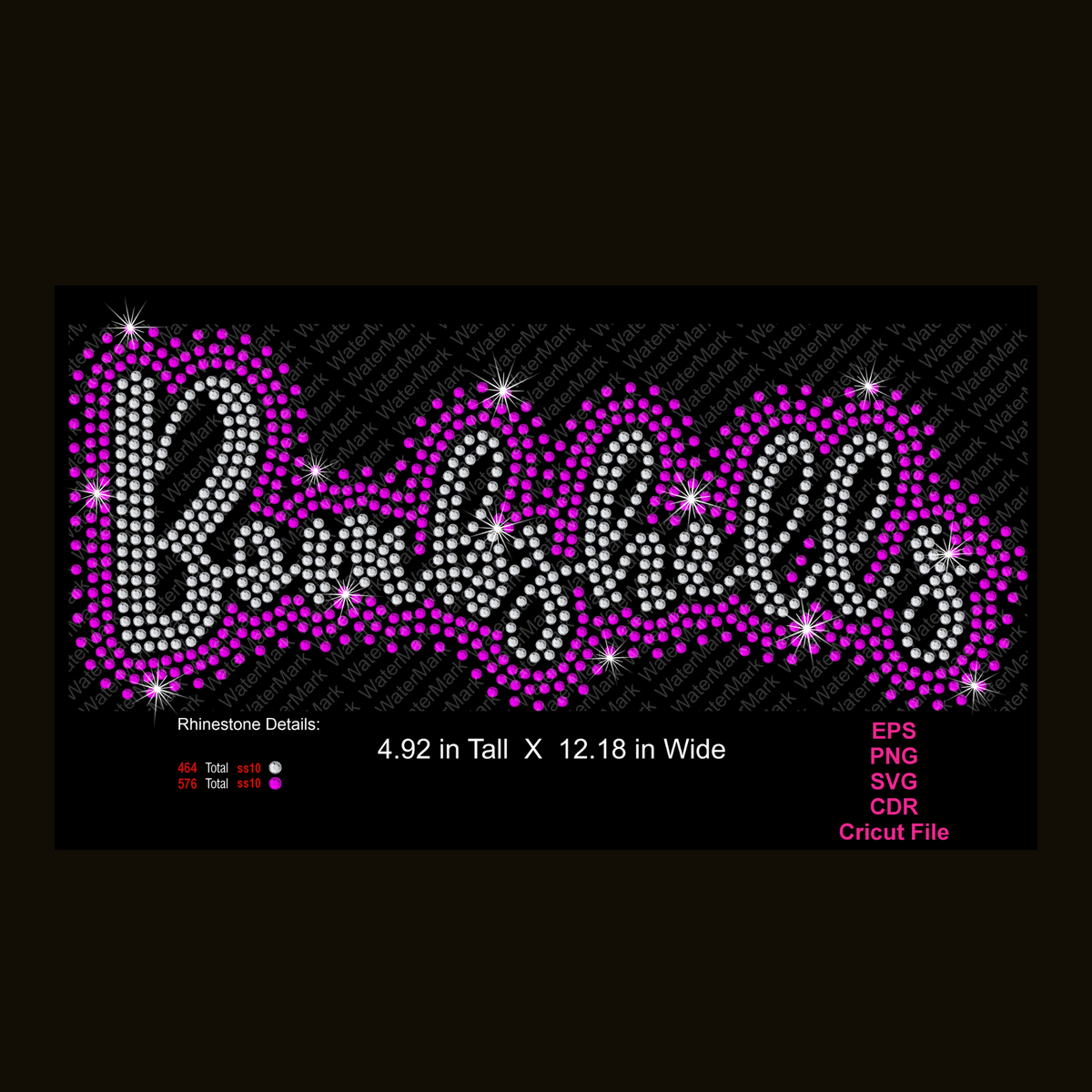 Digital preview of a rhinestone-embellished 'Bombshell'  in white and magenta on a black background, with file format and size details shown below.