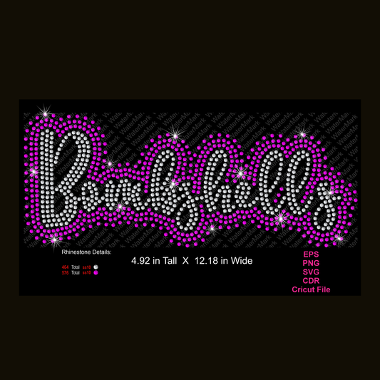 Digital preview of a rhinestone-embellished 'Bombshell'  in white and magenta on a black background, with file format and size details shown below.