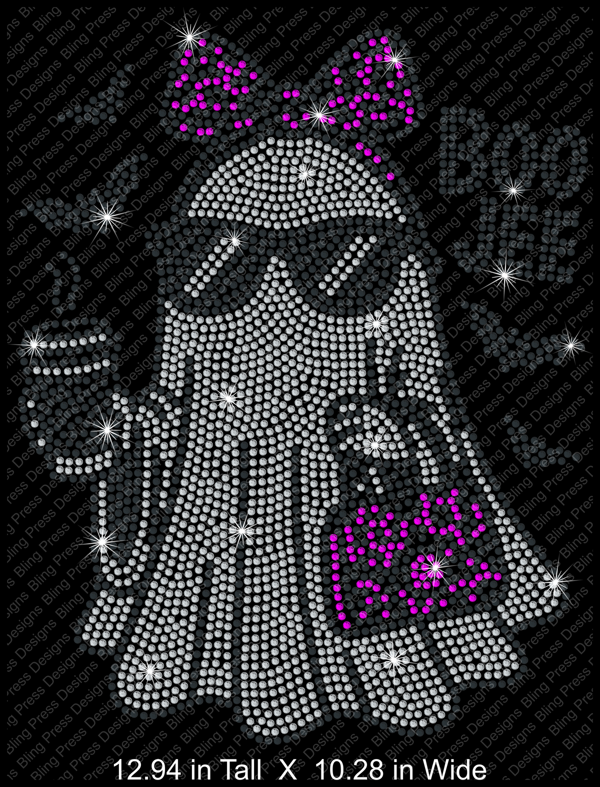 A Halloween-themed rhinestone-style ghost graphic on a black background, with the words 'BOO TEE' and stars/sparkles. The ghost is outlined in silver rhinestones, with bright pink/magenta rhinestone bows and a pumpkin.