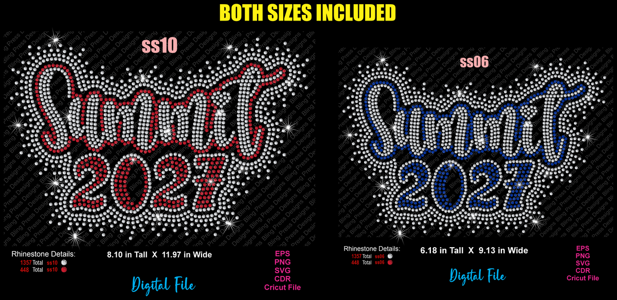 Digital preview showing two sizes of a rhinestone-style 'Summit 2027' graphic on a black background, labeled ss10 and ss06, with text stating both sizes are included and file formats listed below.