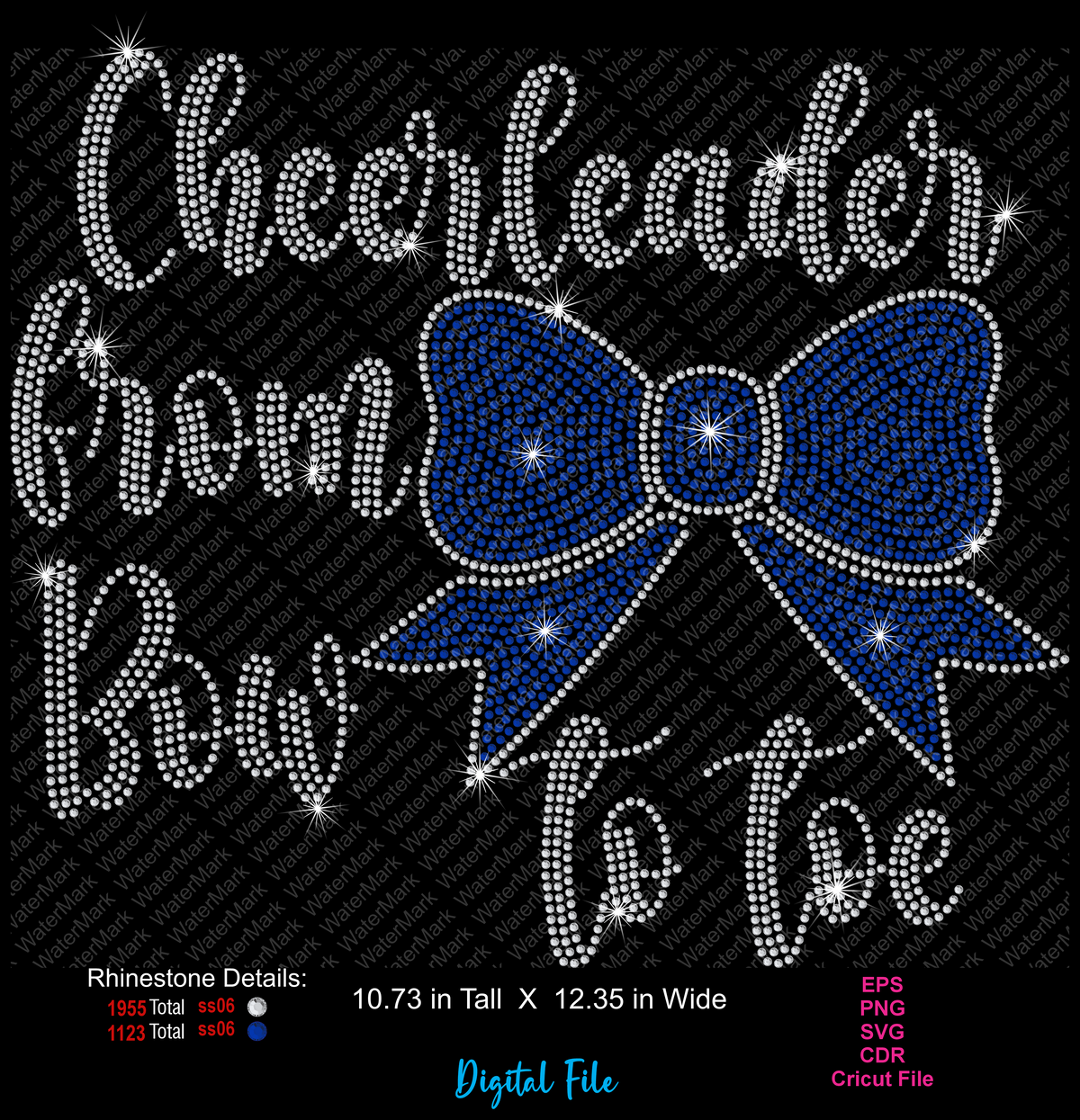 Digital rhinestone design file featuring the phrase 'Cheerleader from bow to toe' in white rhinestones with a large blue bow made of blue and white rhinestones on a black background. File details and format labels are shown at the bottom.